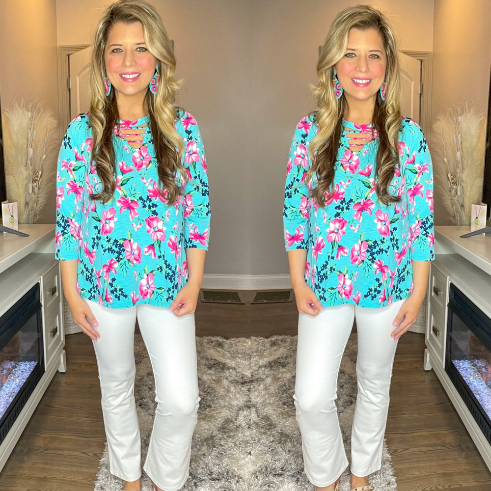 Mint Floral 3/4 Sleeve Top