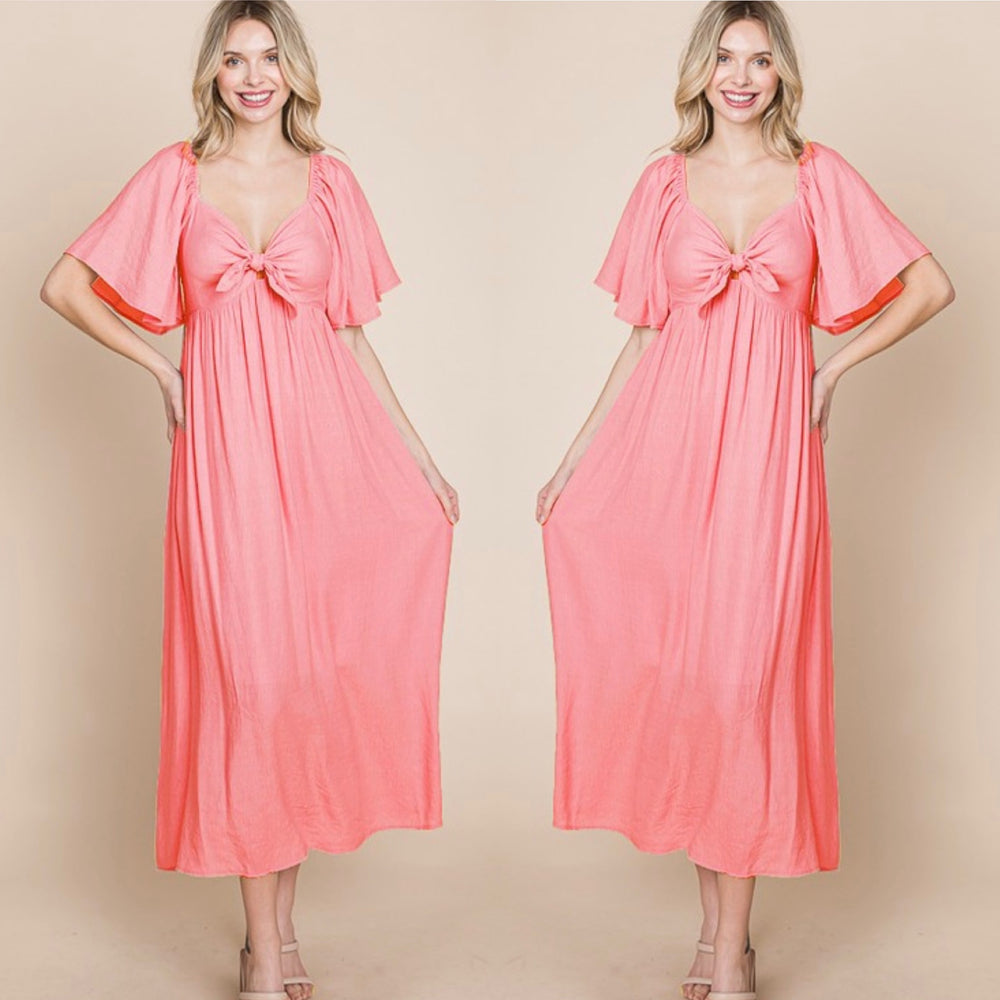Coral Solid Front Bow Dress