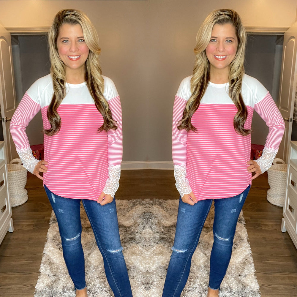Stripe Top with Lace Detailed Sleeve