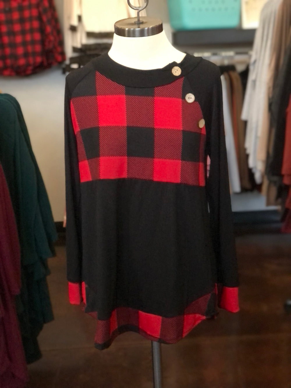 Buffalo Plaid Red Top with Button Details