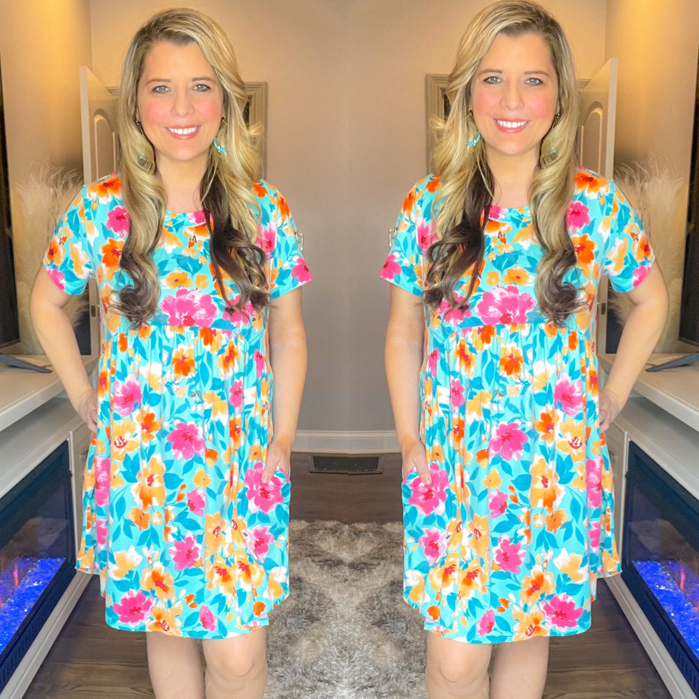 Aqua Floral Babydoll Dress