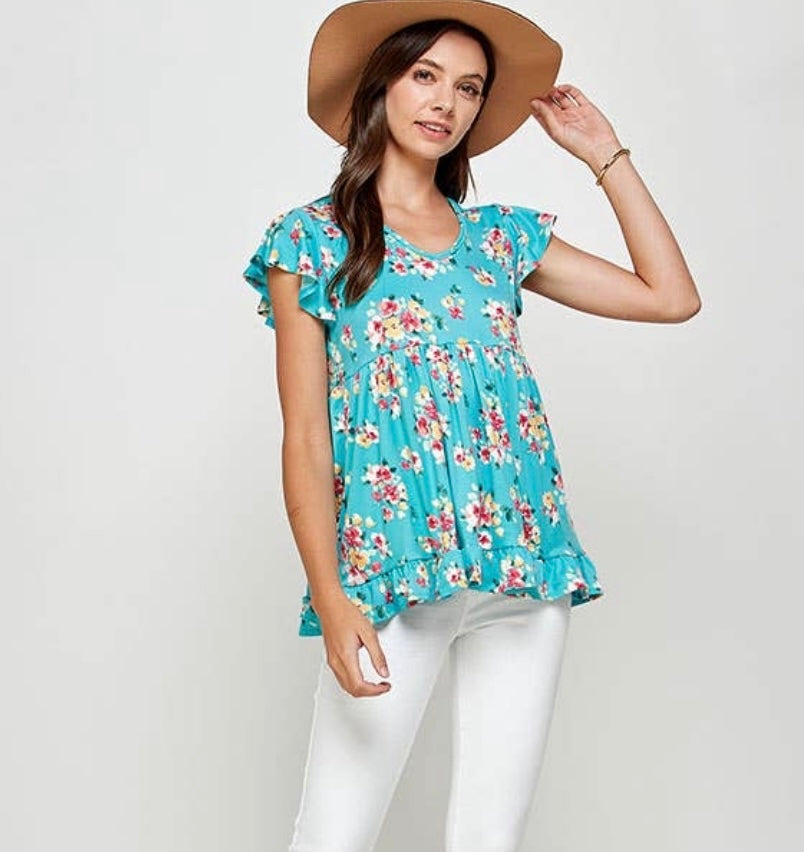 Curvy ~ Floral Print Flutter Sleeve Top