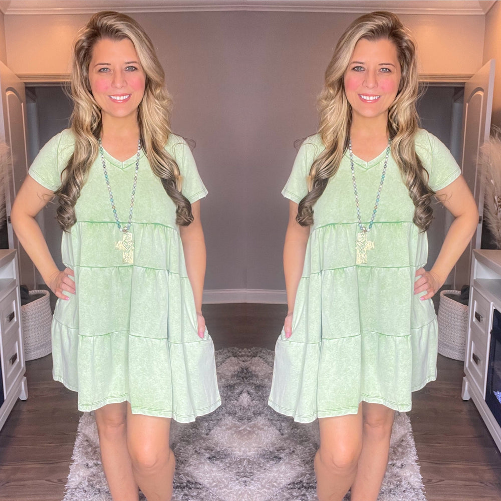 Mint Mineral Wash Tiered Dress