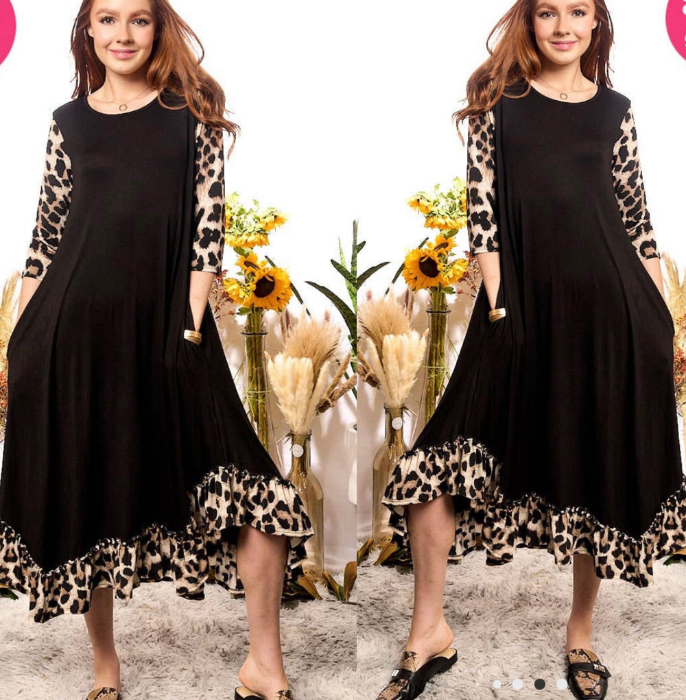 Flowy Leopard Trim Dress