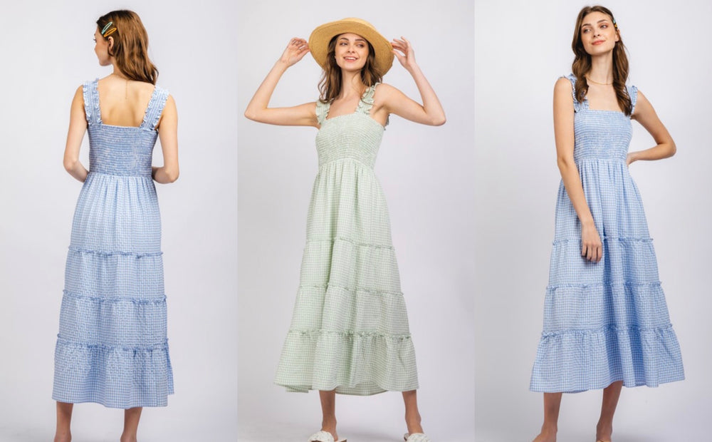 Smocked Checkered Print MIDI-Dress