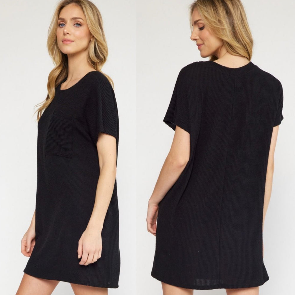 Black Ribbed Front Pocket Dress